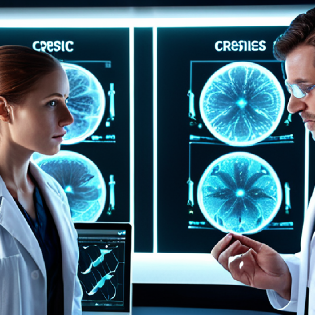 A futuristic biotechnology lab. A prominent, glowing DNA helix is precisely manipulated by advanced, ethereal tools (symbolizing CRISPR-Cas9). Researchers in sleek lab coats observe intricate holographic data displays of genetic sequences. The image conveys both the awe of groundbreaking scientific discovery and the profound ethical weight of altering life itself. High resolution, highly detailed, realistic, sci-fi aesthetic.