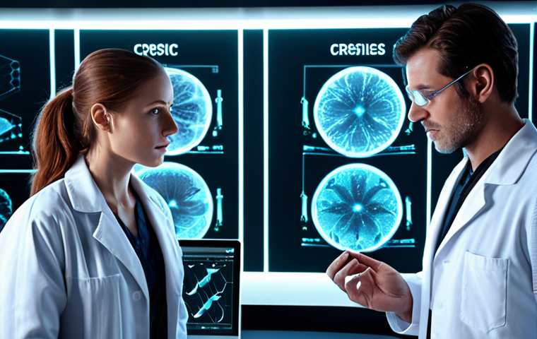 A futuristic biotechnology lab. A prominent, glowing DNA helix is precisely manipulated by advanced, ethereal tools (symbolizing CRISPR-Cas9). Researchers in sleek lab coats observe intricate holographic data displays of genetic sequences. The image conveys both the awe of groundbreaking scientific discovery and the profound ethical weight of altering life itself. High resolution, highly detailed, realistic, sci-fi aesthetic.