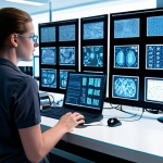 A contemporary biology laboratory bustling with technological advancements. A focused biologist, mid-30s, is engrossed in multiple large, transparent screens showcasing intricate genomic sequences, dynamic protein structures, and complex data visualizations. Python code snippets are visible on one display. In the background, an automated robotic arm precisely handles samples, while subtle holographic data streams illuminate the sleek, futuristic lab environment. The atmosphere is one of high-tech efficiency, symbolizing the radical shift from manual methods to automated, data-intensive research. Soft, intelligent lighting casts a glow over the scene.