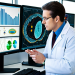 A professional biologist, fully clothed in a lab coat over modest professional attire, stands focused in a state-of-the-art biology laboratory. They are looking intently at a high-resolution microscope, with complex genomic data visualizations displayed on large monitors in the background. The lab is brightly lit, modern, and filled with advanced scientific equipment, emphasizing cutting-edge research. safe for work, appropriate content, perfect anatomy, correct proportions, well-formed hands, proper finger count, natural body proportions, professional photography, high detail, realistic, natural pose.
