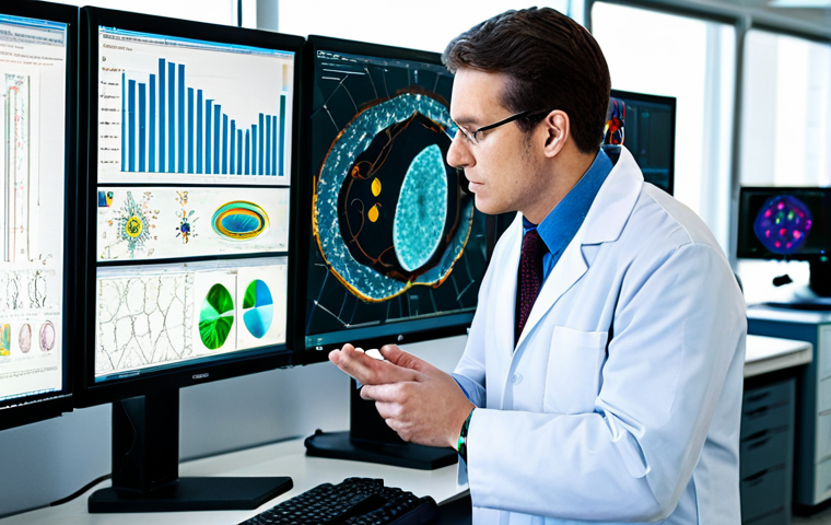 A professional biologist, fully clothed in a lab coat over modest professional attire, stands focused in a state-of-the-art biology laboratory. They are looking intently at a high-resolution microscope, with complex genomic data visualizations displayed on large monitors in the background. The lab is brightly lit, modern, and filled with advanced scientific equipment, emphasizing cutting-edge research. safe for work, appropriate content, perfect anatomy, correct proportions, well-formed hands, proper finger count, natural body proportions, professional photography, high detail, realistic, natural pose.