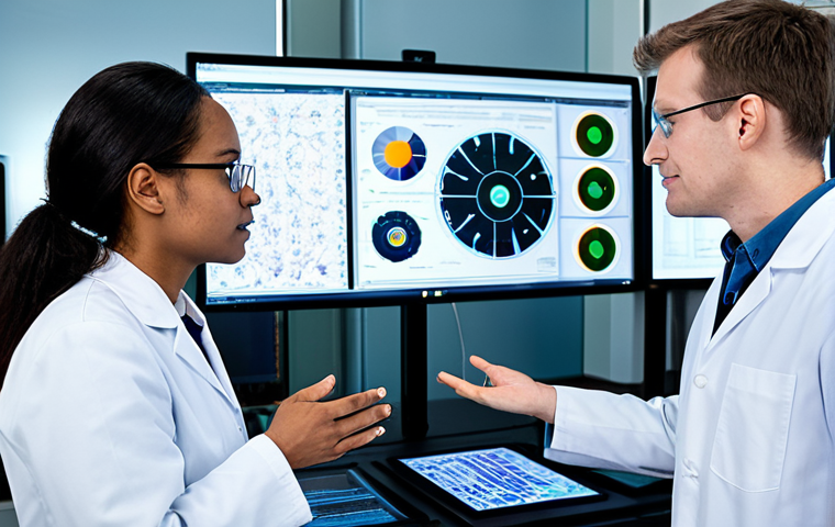 A diverse group of professional scientists, including biologists and data scientists, collaboratively working in a state-of-the-art research laboratory. Large, futuristic screens display intricate biological data visualizations and complex algorithms. The atmosphere is one of focused innovation and discovery, reflecting the acceleration of scientific insights. The scientists are fully clothed in professional lab coats and modest attire, engaged in discussion and analysis. Perfect anatomy, correct proportions, natural pose, well-formed hands, proper finger count, natural body proportions, professional photography, high quality, safe for work, appropriate content, family-friendly.